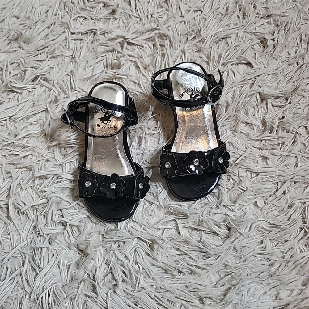 Little Girls Sandals Heels Shoes Gabrielle Black 3D Floral Open Toe Ankle Strap